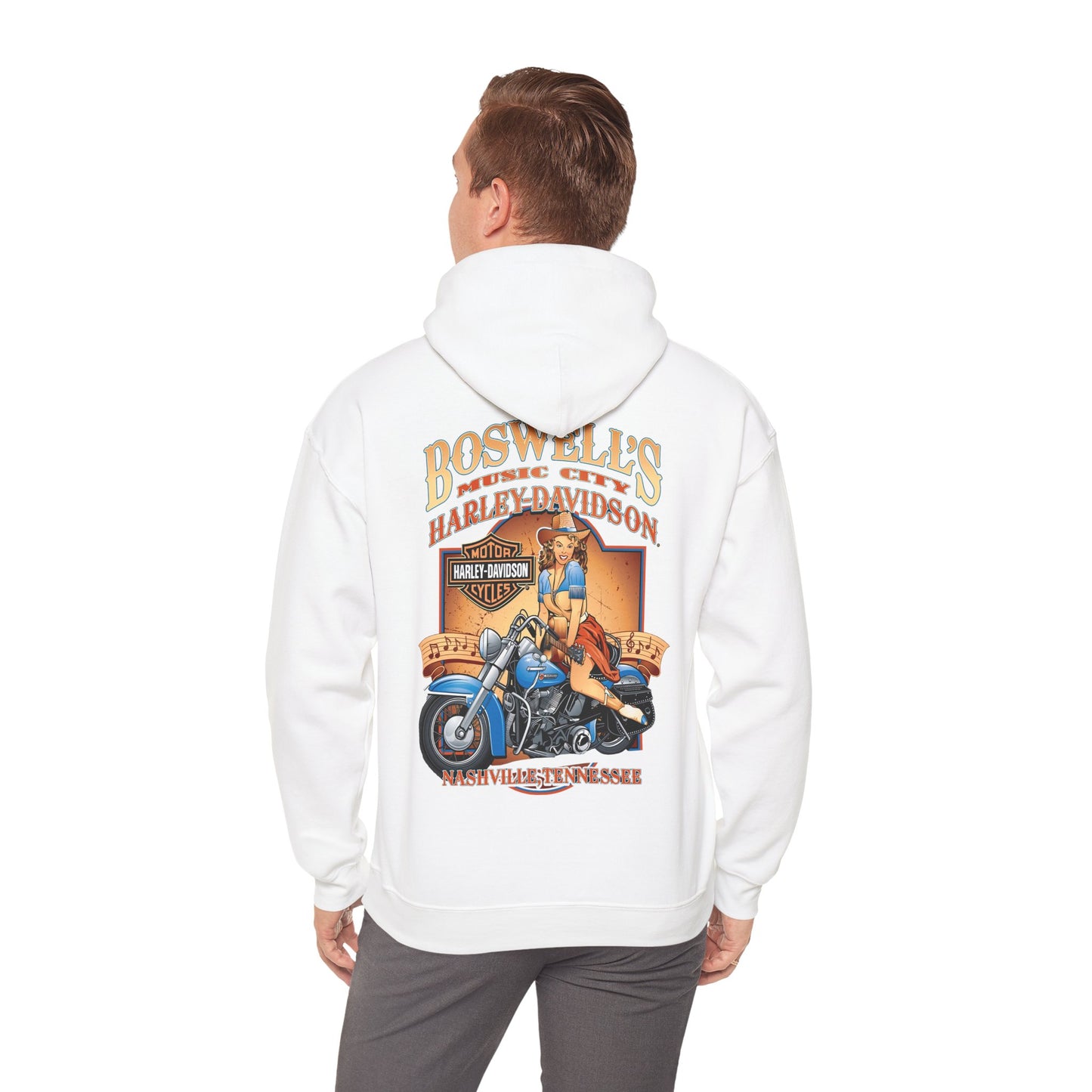 Stylish model wearing a white vintage-themed hoodie with a striking motorcycle pin-up design, embodying the spirit of adventure and individuality.