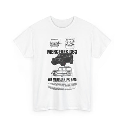 Unisex Men's T-Shirt featuring a technical drawing of Mercedes-AMG G63 design, showcasing front and rear views along with detailed measurements.