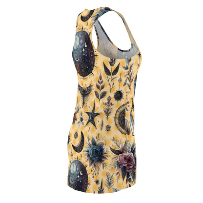 Another side angle of the Elegant Women's Chic Designer Racerback Dress, illustrated with enchanting patterns on a lively yellow backdrop, perfect for warm weather events.
