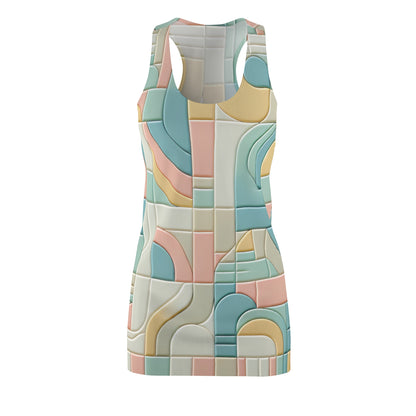 Saxon Belle Racerback Dress in Pastel Hues featuring a blend of pale pink and light blue geometric patterns, perfect for modern feminine style.