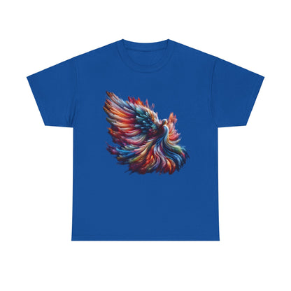 Majestic Angel Graphic Unisex T-Shirt in royal blue adorned with vibrant abstract art, resembling a colourful phoenix, designed for ultimate comfort with premium cotton fabric.