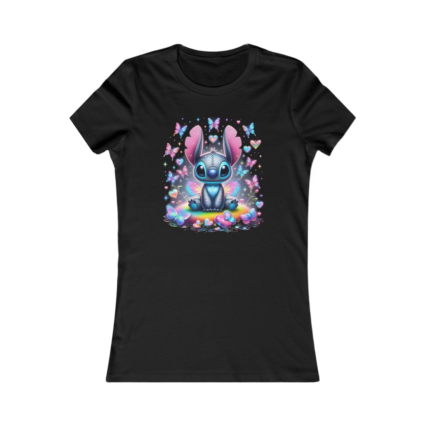 Lilo & Stitch Heartbeat Women's Premium Cotton T-Shirt showcasing an iridescent butterfly art design featuring Stitch surrounded by vibrant butterflies and hearts on a black backdrop.