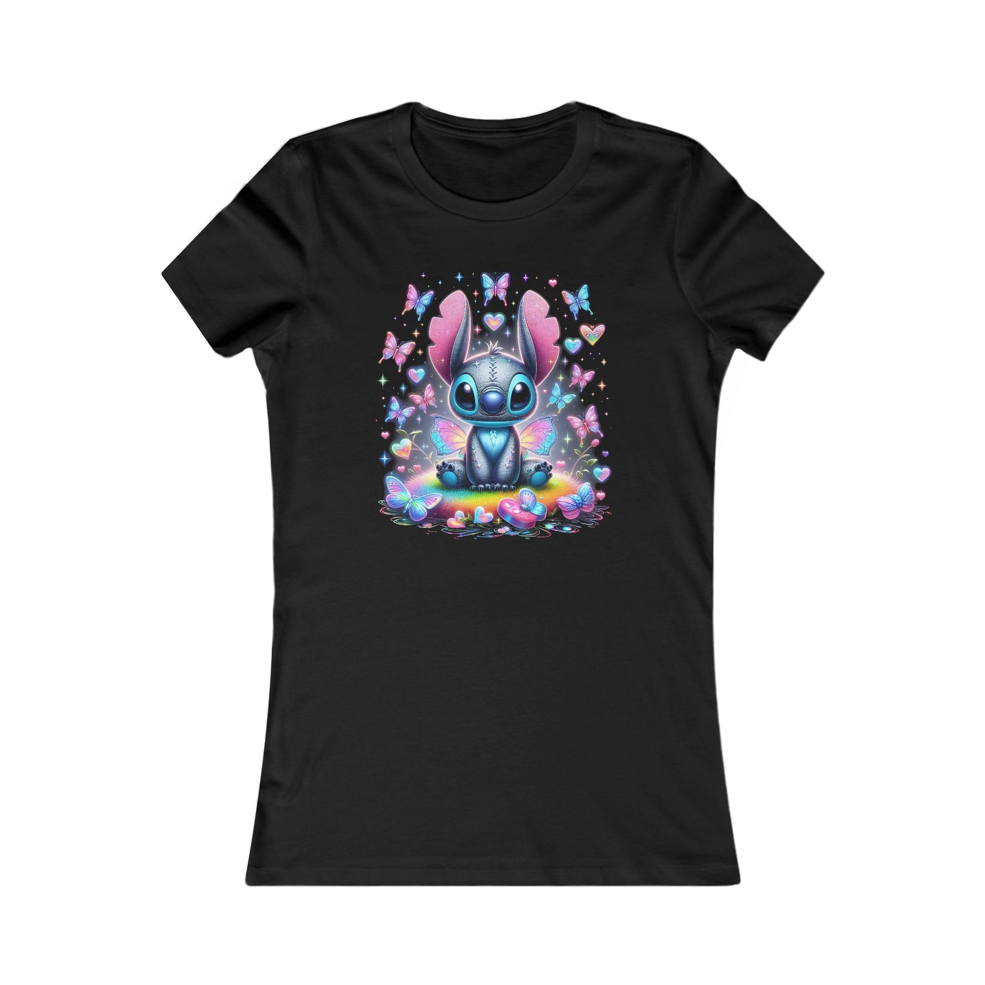Lilo & Stitch Heartbeat Women's Premium Cotton T-Shirt showcasing an iridescent butterfly art design featuring Stitch surrounded by vibrant butterflies and hearts on a black backdrop.