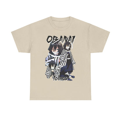 Elegant beige T-shirt adorned with a captivating print of Obanai Iguro from Demon Slayer, merging comfort and anime aesthetics for a fashionable statement piece.