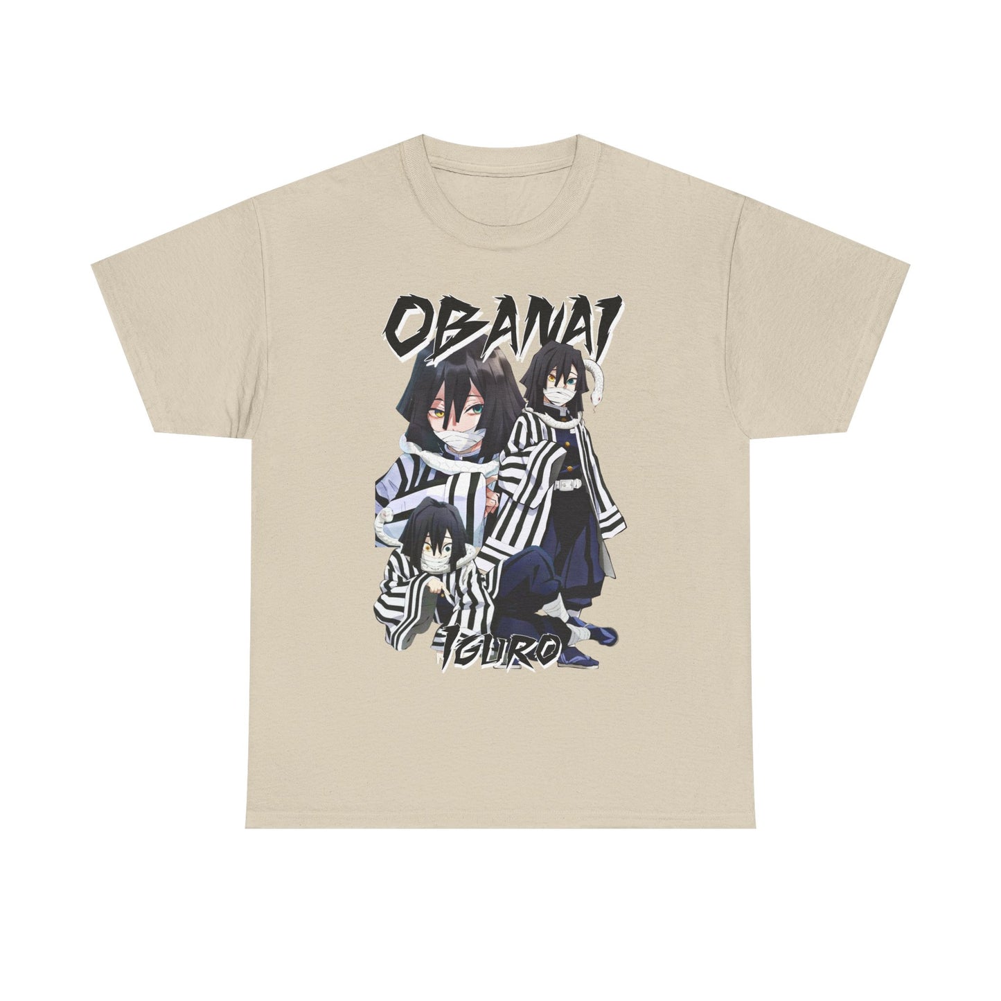 Elegant beige T-shirt showcasing a detailed illustration of Obanai Iguro from the anime Demon Slayer, designed for those who appreciate premium style and anime culture.