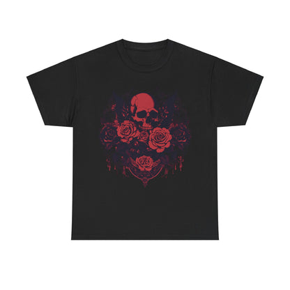 Skulls and Roses Cotton Tee in black, showcasing a striking skull and red rose graphic, perfect for making a bold fashion statement.