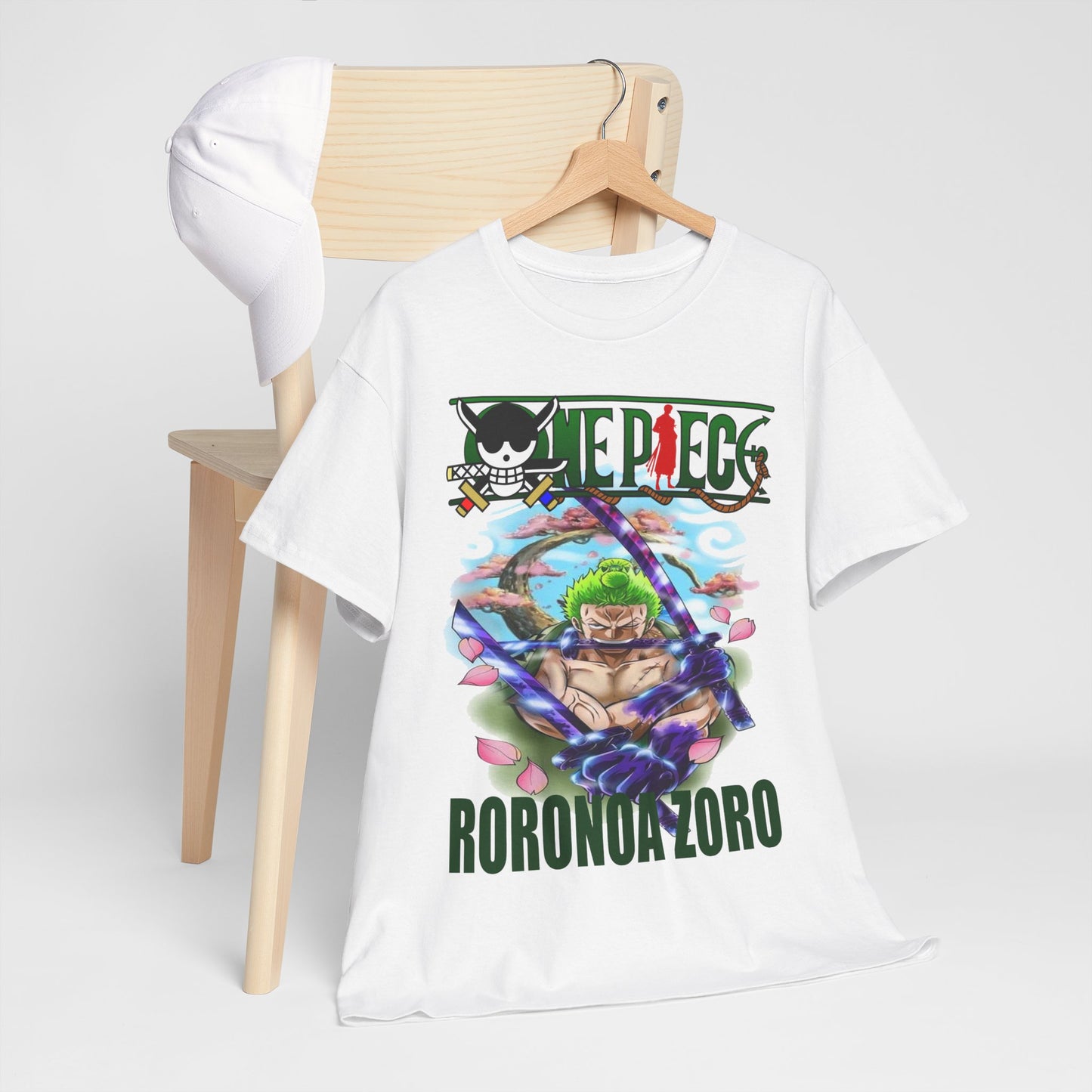 Chic Roronoa Zoro t-shirt displayed on a stylish wooden chair, representing anime culture with a modern twist, complemented by fashion accessories for versatile styling.