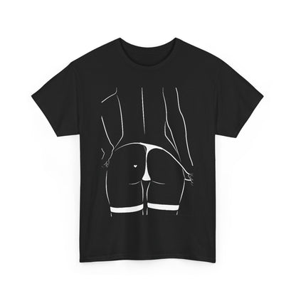 Chic black cotton T-shirt showcasing an exquisite line-art design of a woman's back in a playful thong, accentuated with a charming heart symbol, merging humour and sophistication for modern wardrobe elegance.