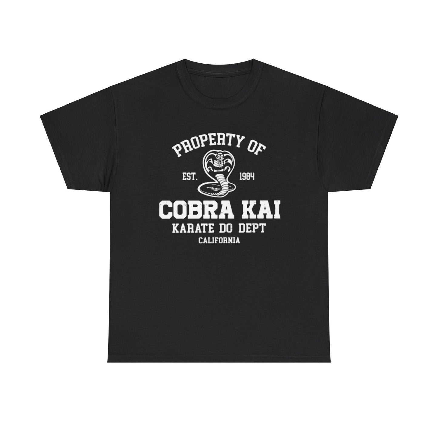 Luxury black unisex Cobra Kai T-shirt showcasing the iconic snake emblem and bold text: 'Property of Cobra Kai, Karate Do Dept, California'. Perfect statement piece for martial arts enthusiasts.