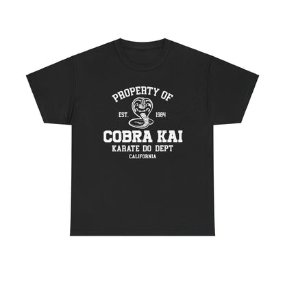 Luxury black unisex Cobra Kai T-shirt showcasing the iconic snake emblem and bold text: 'Property of Cobra Kai, Karate Do Dept, California'. Perfect statement piece for martial arts enthusiasts.