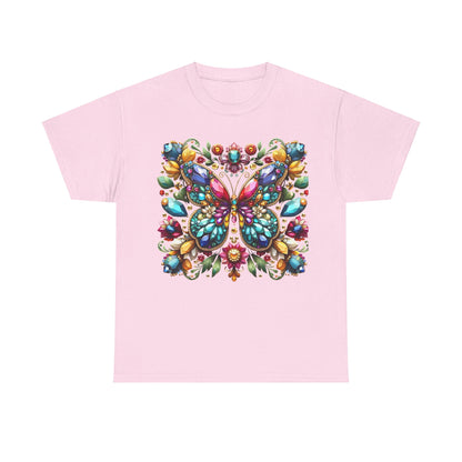 Enchanting Butterfly Brooch Unisex T Shirt featuring a delicate butterfly artwork with intricate colours on a soft pink fabric.