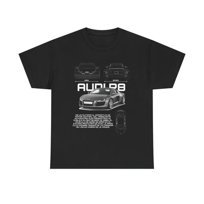 Elegant black Audi R8 Blueprint T-Shirt with intricate vehicle designs and prominent 'AUDI R8' lettering, ideal for discerning automotive enthusiasts.