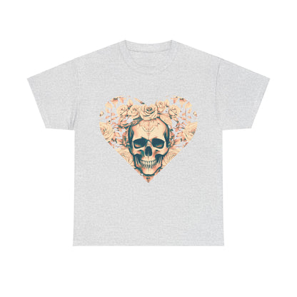 Skulls and Roses Cotton Tee in a sleek light grey colour, showcasing its elegant skull and rose artwork, perfect for expressing individuality.