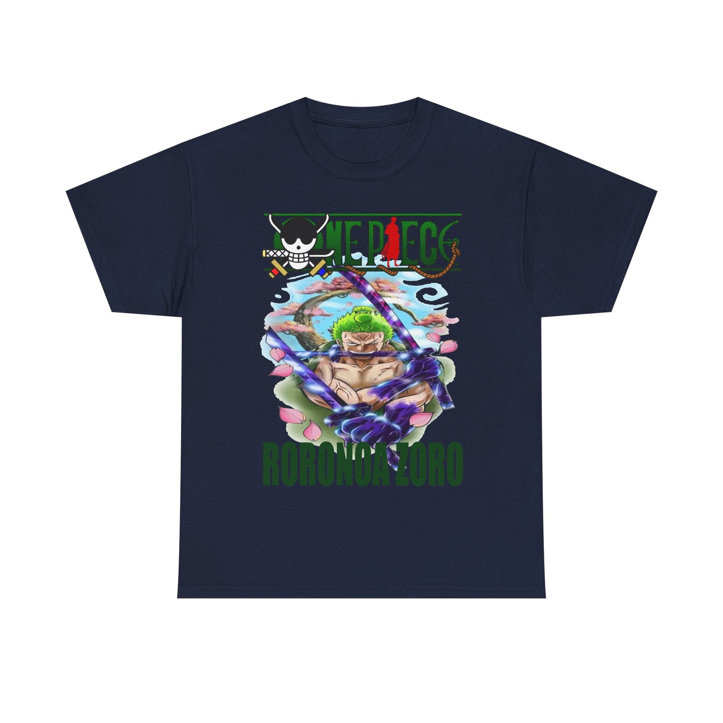 Chic navy blue Roronoa Zoro graphic t-shirt presenting a bold illustration of the character with striking katanas, tailored for discerning anime aficionados.