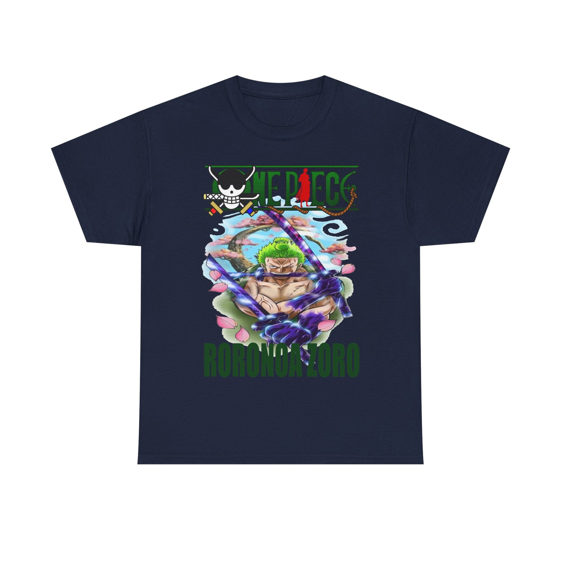 Chic navy blue Roronoa Zoro graphic t-shirt presenting a bold illustration of the character with striking katanas, tailored for discerning anime aficionados.