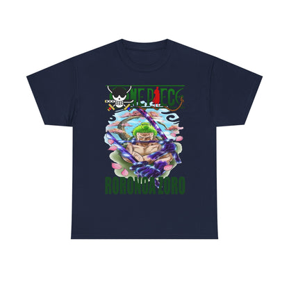 Chic navy blue Roronoa Zoro graphic t-shirt presenting a bold illustration of the character with striking katanas, tailored for discerning anime aficionados.