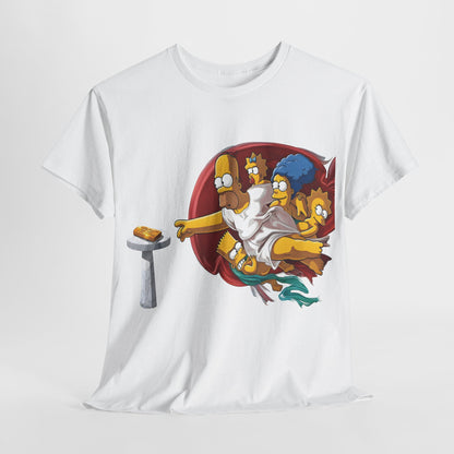 Stylish white The Simpsons Creation of Adam Graphic T-Shirt featuring a vibrant depiction of Homer, Marge, Bart, and Lisa, ideal for expressing individual style with humour.