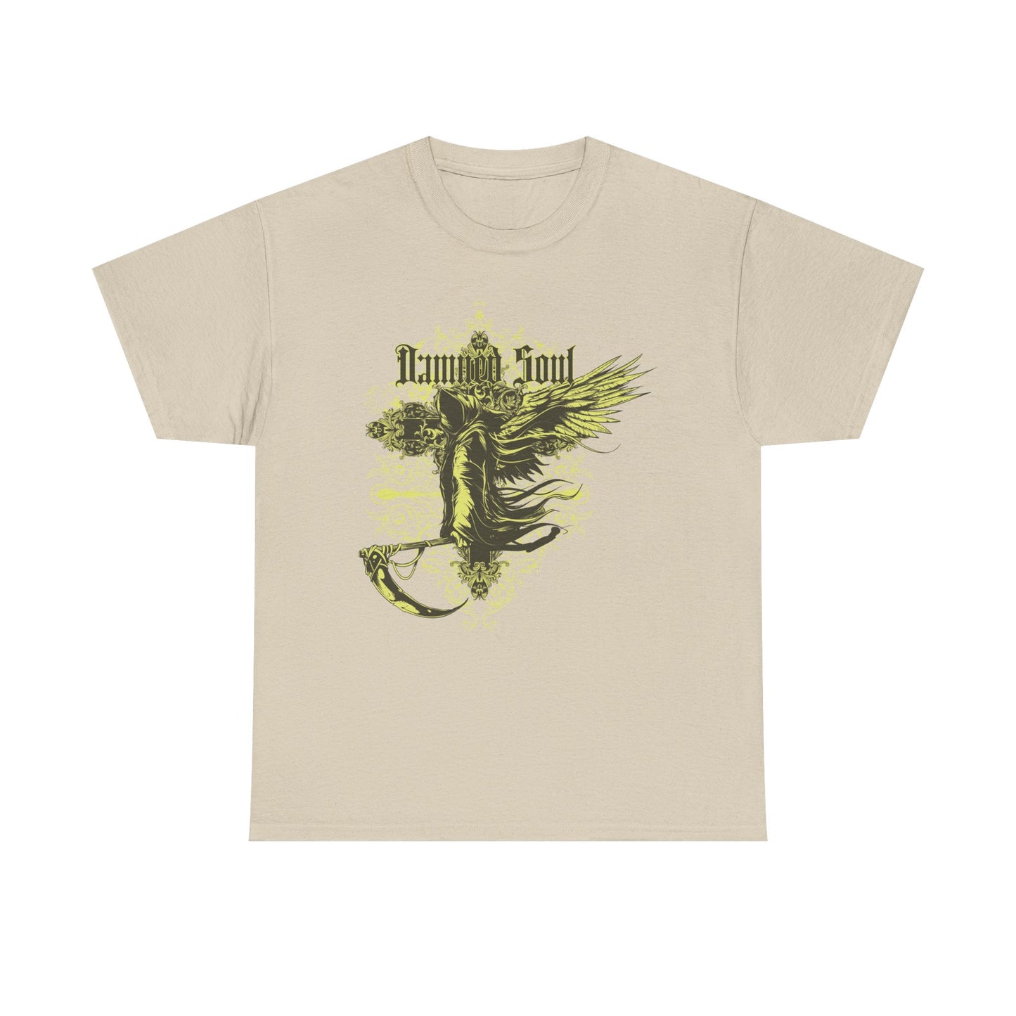 Men's t-shirt in soft beige showcasing a captivating Grim Reaper illustration with floral elements and 'Damned Soul' inscription, perfect for a modern gothic wardrobe.