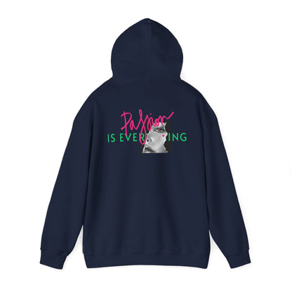 Elegant navy hoodie design displaying the phrase 'Passion IS EVERYTHING' along with an artistic portrait in contrasting colours, representing individuality and style.