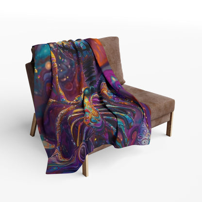 Decorative and Warm Halloween Skellington Spooky Arctic Fleece Blanket elegantly draped over a stylish armchair, highlighting its rich, whimsical patterns ideal for Halloween décor.
