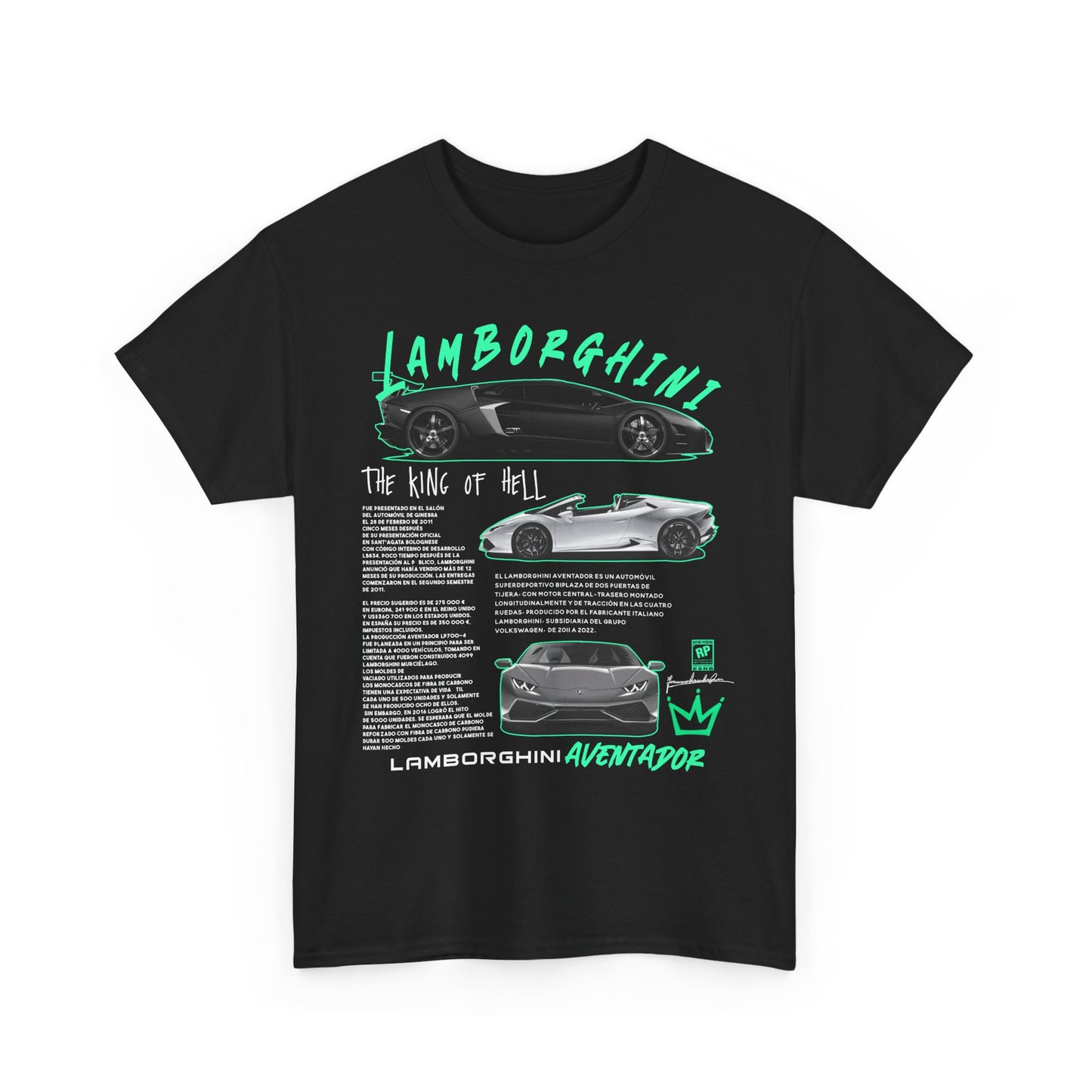 Sophisticated black Lamborghini Aventador men's t-shirt with captivating graphics and educational text about the supercar, designed for admirers of luxury automobiles.