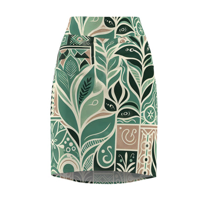Modern Muse Pencil Skirt in Pastel Green showcasing a luxurious fit with dynamic block print design, featuring vibrant patterns and contemporary style.