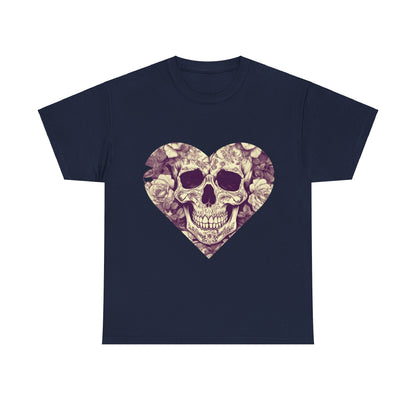 Skulls and Roses Cotton Tee in a deep navy colour, featuring striking skull and rose heart design, ideal for making a bold statement.