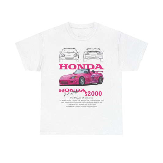 Men's luxury Honda S2000 T-shirt featuring a bold pink graphic of the iconic convertible, alongside sleek line drawings in grayscale, showcasing the spirit of driving and automotive passion.