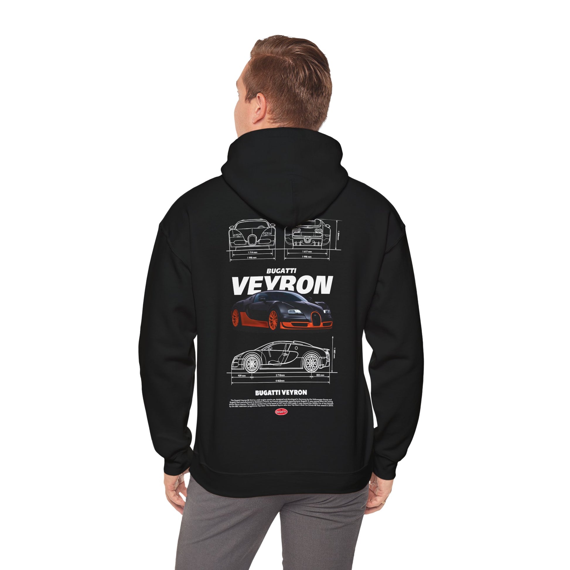 Sophisticated black Bugatti Veyron hoodie worn by a model, displaying an intricate back design illustrating the renowned supercar.