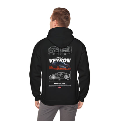 Sophisticated black Bugatti Veyron hoodie worn by a model, displaying an intricate back design illustrating the renowned supercar.