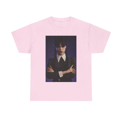 Indulge in the charm of the 'Wednesday: Embrace the Dark Elegance!' unisex graphic tee, capturing a classic dark aesthetic with an iconic character.