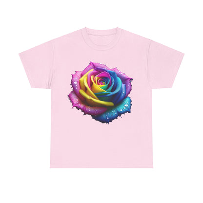 Rainbow Rose Unisex Cotton Tee Graphic T Shirt presenting a beautiful illustration of a rainbow rose on a soft pink fabric, highlighting its colourful petals and delicate water droplets.