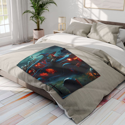 Chic Decorative and Warm Halloween Spooky Arctic Fleece Blanket elegantly spread across a bed, adding a touch of spooky luxury to your bedroom decor.