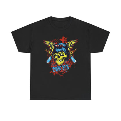 Elegant black t-shirt adorned with a bold skull graphic embellished with wings and the text 'Zombie Star', complemented by dramatic blood splatter accents. A refined choice for luxury streetwear enthusiasts.