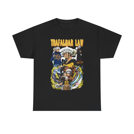 Luxury black T-shirt featuring Trafalgar Law from One Piece, showcasing vibrant anime artwork with swirling clouds and floral accents, perfect for anime enthusiasts.