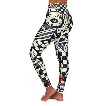 Side profile of Andrea Bellecci High-Waisted Leggings, highlighting distinctive checkerboard designs and flowing organic elements, perfect for modern fashion.