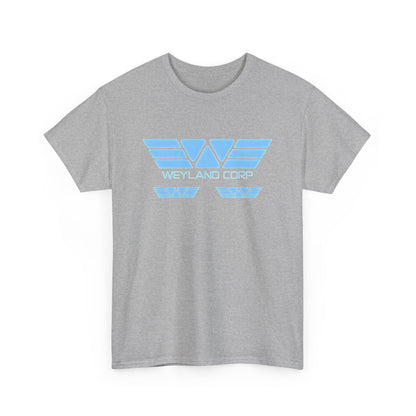 Weyland Corporation Retro Logo Graphic Tee Unisex in soft grey fabric, featuring a striking blue graphic logo, perfect for stylish interstellar enthusiasts.