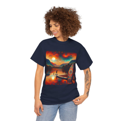 Luxury Premium Paddleboarding Scene T-Shirt by Dazzling Dreams Studio showcasing stunning water sports graphics in vibrant colours.