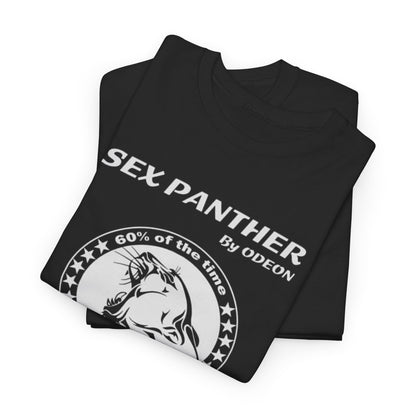 Luxury graphic t-shirt featuring 'Sex Panther' by ODEON, showcasing a bold panther design and cheeky tagline, perfect for those who appreciate sophisticated humour.