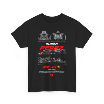 Striking graphic black men's t-shirt displaying detailed artwork of a Formula 1 car alongside bold typography, perfect for fans of speed and elegance.