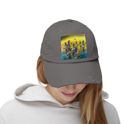 Model in a Unisex Distressed Paddleboarders Cap, exuding style and charm with a paddleboarders scene, perfect for active beach and river activities.