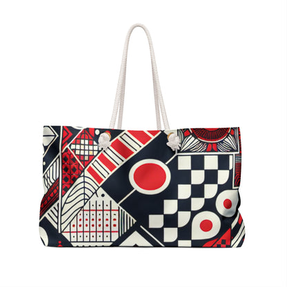 Valeria Belmonte Luxury Weekend Tote Bag by Dazzling Dreams Studio showcasing vibrant red checkerboard design with robust structure.