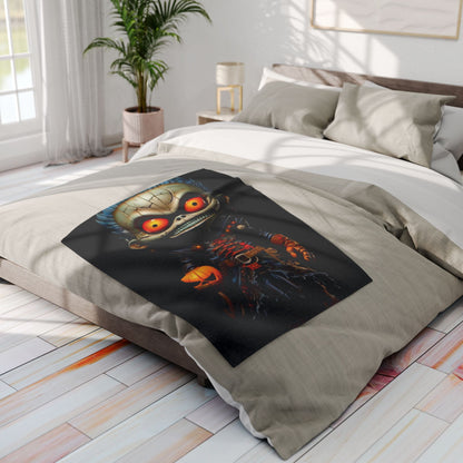 Luxurious Decorative and Warm Halloween Spooky Arctic Fleece Blanket spread across a chic bed, highlighting a captivating Halloween character design for a stylish seasonal touch.