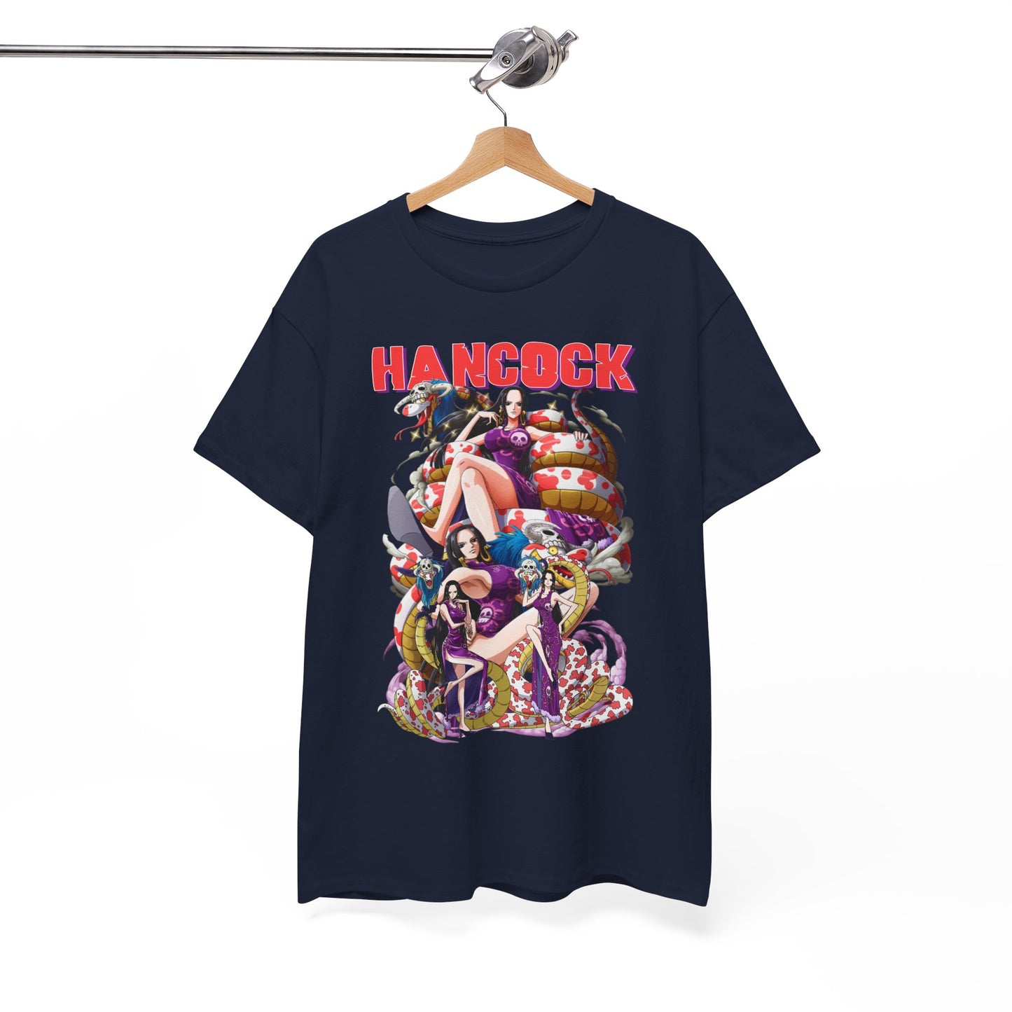 Hancock Anime T-Shirt Display: Navy blue tee hanging elegantly, showcasing an eye-catching design of Hancock amidst vibrant colours and whimsical elements.