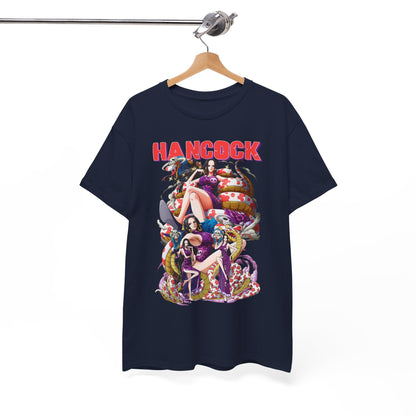 Hancock Anime T-Shirt Display: Navy blue tee hanging elegantly, showcasing an eye-catching design of Hancock amidst vibrant colours and whimsical elements.