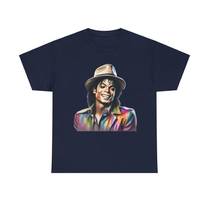 Michael Jackson Close-Up Portrait Graphic Unisex Tee – Luxurious Art Tribute T-Shirt, featuring a vibrant portrayal of Michael Jackson beaming in a multicoloured jacket and hat set against a navy blue backdrop.