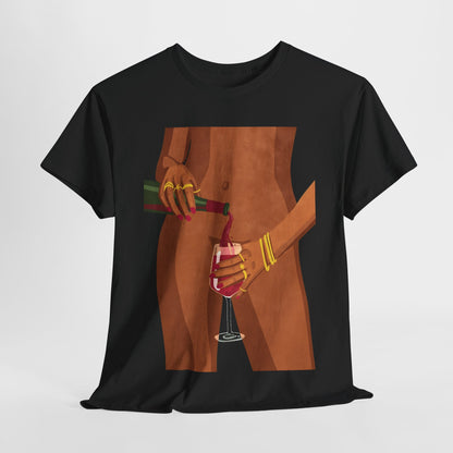 Vibrant Wine Glass Womens Graphic T-Shirt Urban Cotton Tee showcasing a sophisticated illustration of a graceful figure holding a wine bottle, ideal for those who appreciate style and luxury.