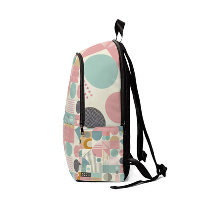 Close-up view of the Modern Geometric Pastel Backpack's soft pink, mint green, and pale lavender exterior, designed by Dazzling Dreams Studio to blend style with practicality.
