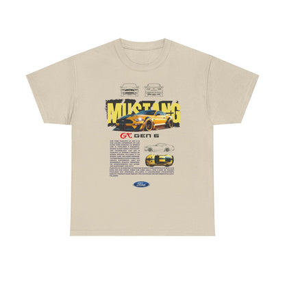 Chic beige Ford Mustang GT Gen 6 T-shirt displaying a vibrant graphic of the Mustang GT Gen 6 and dynamic text. A must-have for anyone who admires classic automotive heritage.