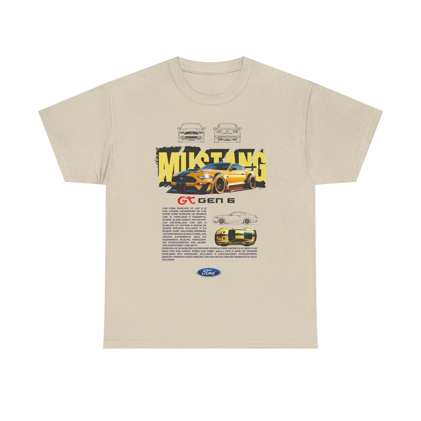 Elegant beige Ford Mustang GT Gen 6 graphic t-shirt displaying a vibrant yellow Mustang with stylised typography and informative performance highlights.